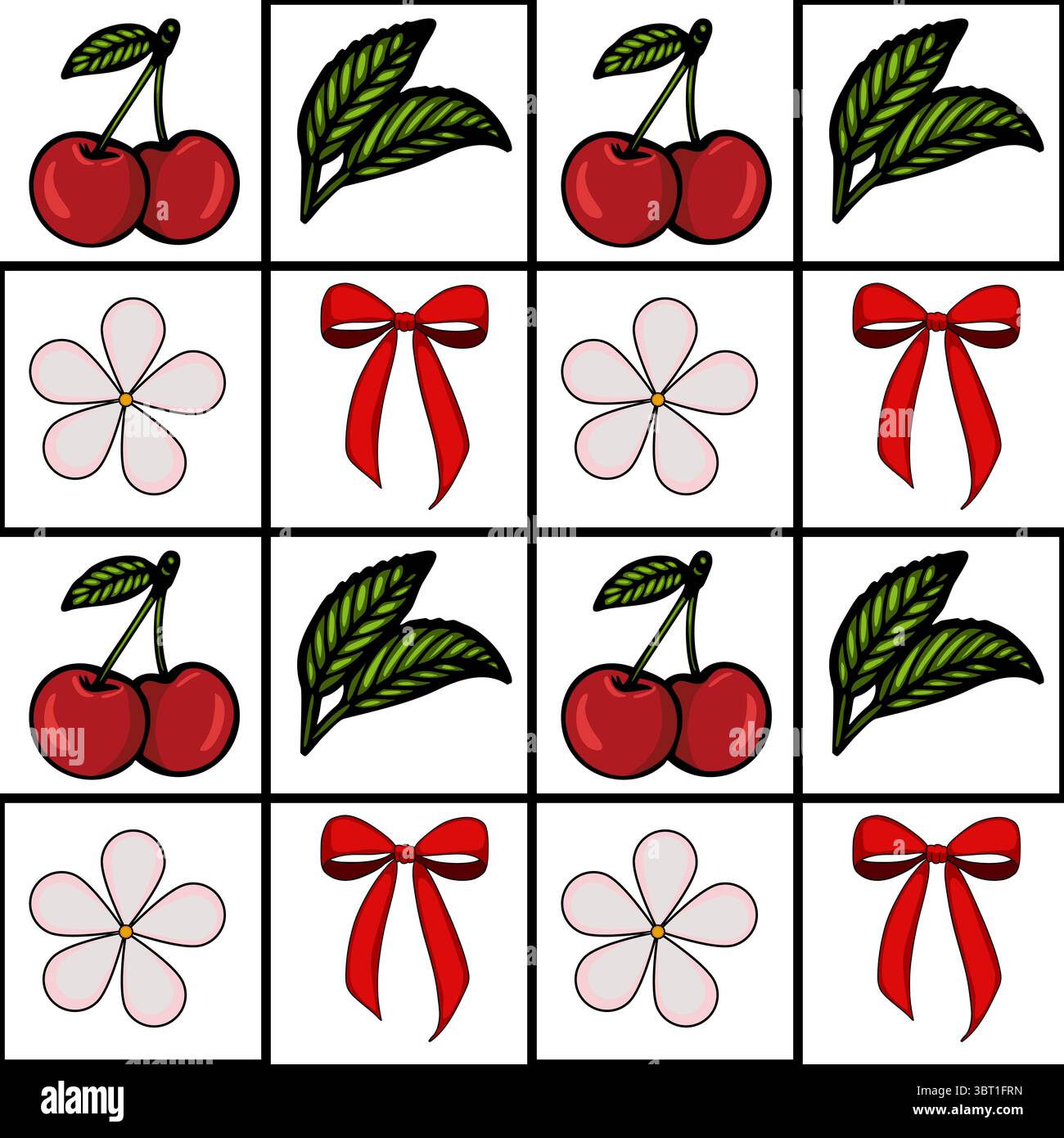 Ein Vektorraster mit dekorativen Elementen mit Kirschen, Blättern, Blumen und Bögen. Das Design ist farbenfroh und verspielt und eignet sich für verschiedene kreative Zwecke Stock Vektor