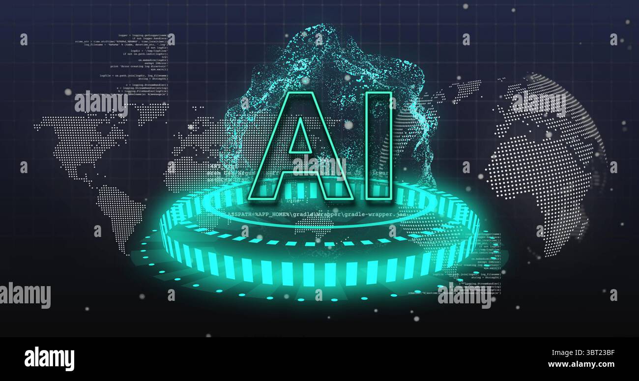 Schwebende grüne holografische Buchstaben der KI über virtuelle Plattform, Streaming-Code, Karten- und Textpartikel Stockfoto