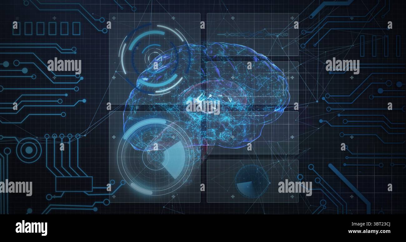 Projizierendes holografisches Gehirnmodell, das über das Bedienfeld des Rasters bewegt wird, mit HUD-Grafiken und -Kurven Stockfoto