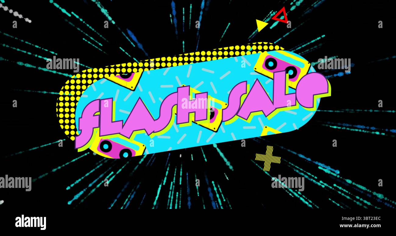 Mit blauem Pillenbanner, blinkendem Neon-FLASH-VERKAUFSTEXT in Web-Promo mit Streuseln und blauen Streifen Stockfoto