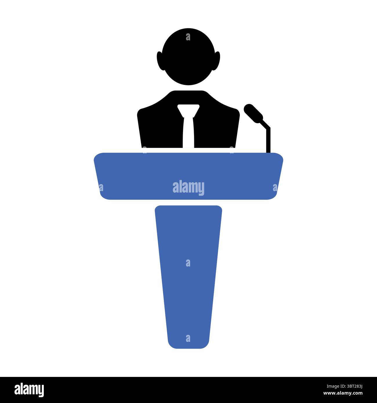 Symbol des öffentlichen Sprechers auf dem Podium mit Mikrofon-Illustration. Eine vereinfachte Silhouette einer Person, die hinter einem blauen Podium steht und eine Rede hält. Stock Vektor
