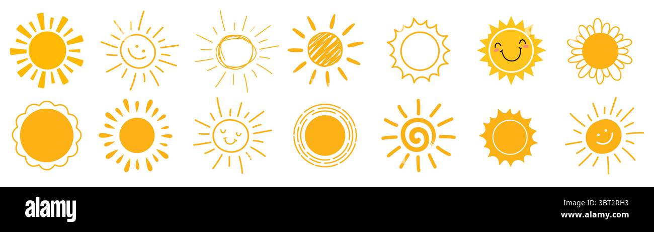 Niedliche Doodle-Sonnenkollektion. Handgezeichnetes Illustrationsset Stock Vektor