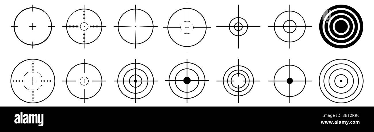 Satz von Vektorzielsymbolen isoliert. Bearbeitbare Kontur für Scharfschützenziel-Symbol. Stock Vektor