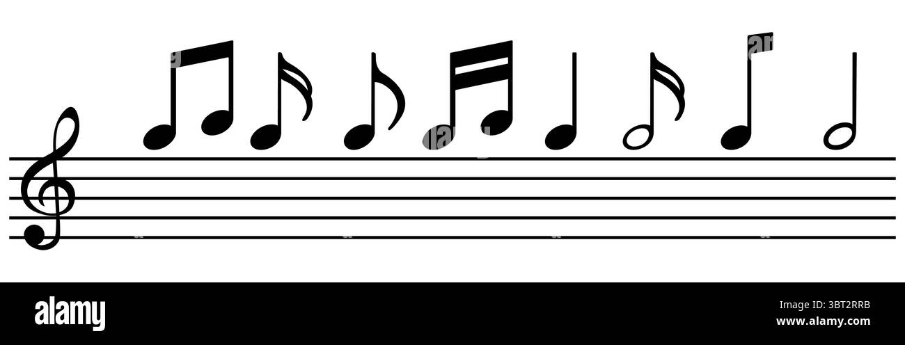 Symbolsatz für Notennotizen, Symbol für Notennotizen, Vektorillustration. Stock Vektor