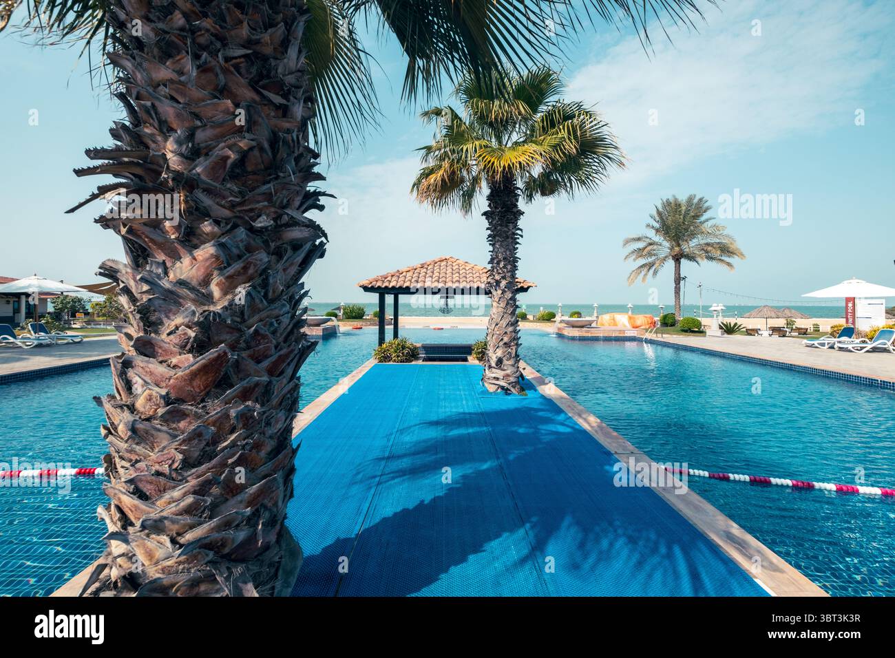 Luxus-Pool am Strand mit Poolbar und üppig grünen Palmen, Blick auf das Meer vom Infinity-Pool, horizontales Foto Stockfoto