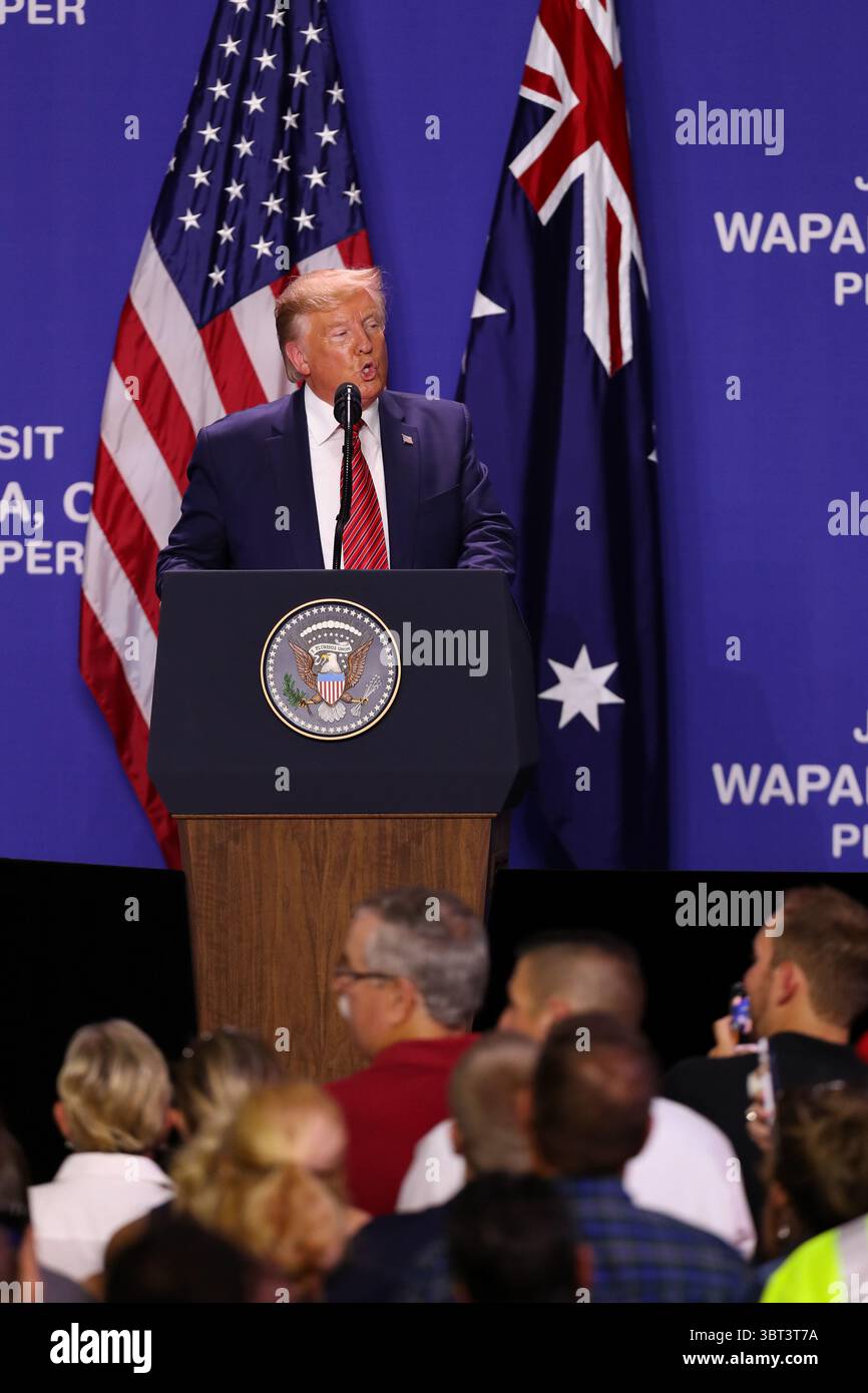 September 2019, Wapakoneta, Ohio, USA: 22. September 2019: Präsident Donald J. Trump spricht bei einem gemeinsamen Besuch bei Pratt Industries am 22. September 2019. (Bild: © Adam Lacy/ZUMA Wire) Stockfoto