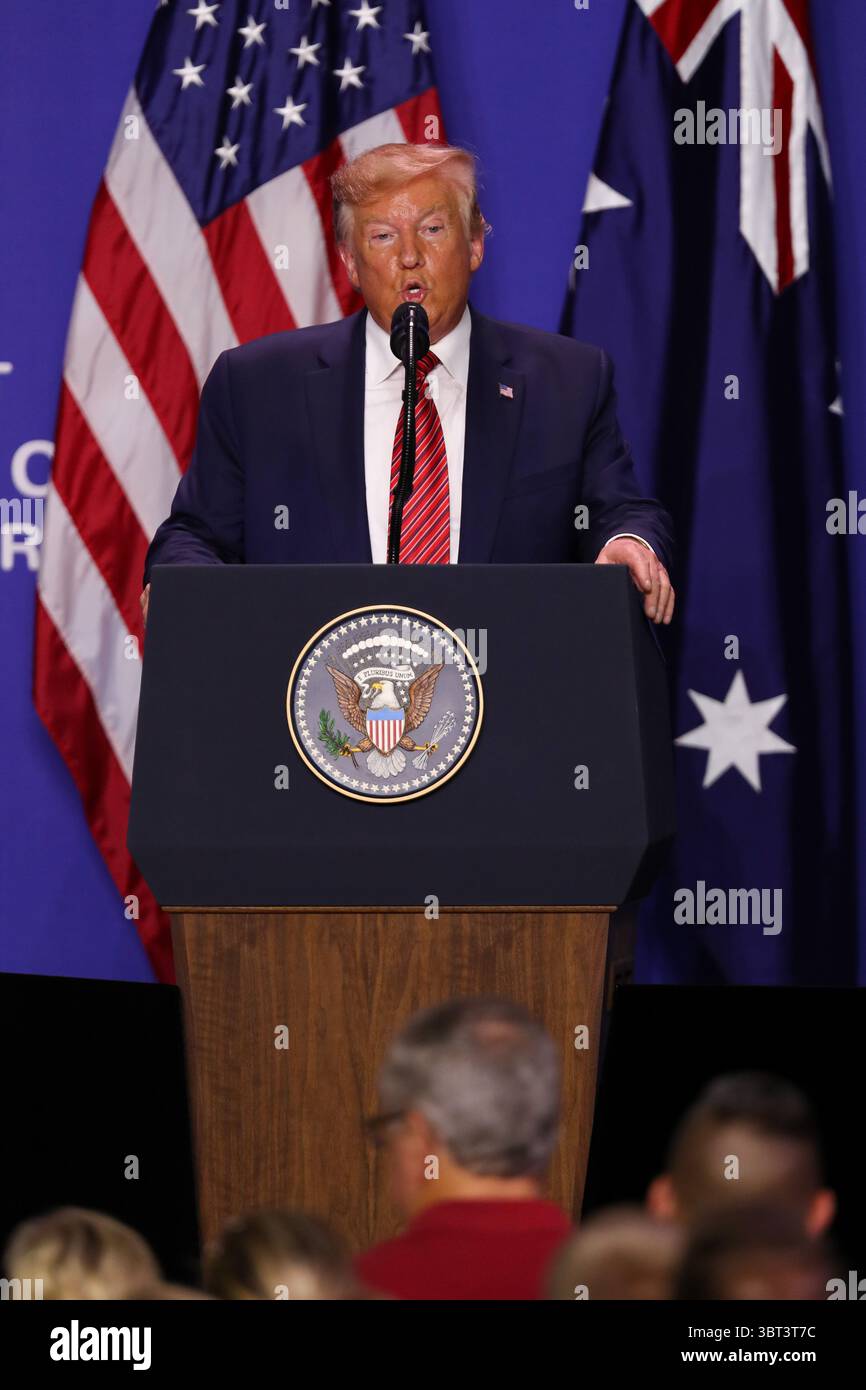 September 2019, Wapakoneta, Ohio, USA: 22. September 2019: Präsident Donald J. Trump spricht bei einem gemeinsamen Besuch bei Pratt Industries am 22. September 2019. (Bild: © Adam Lacy/ZUMA Wire) Stockfoto