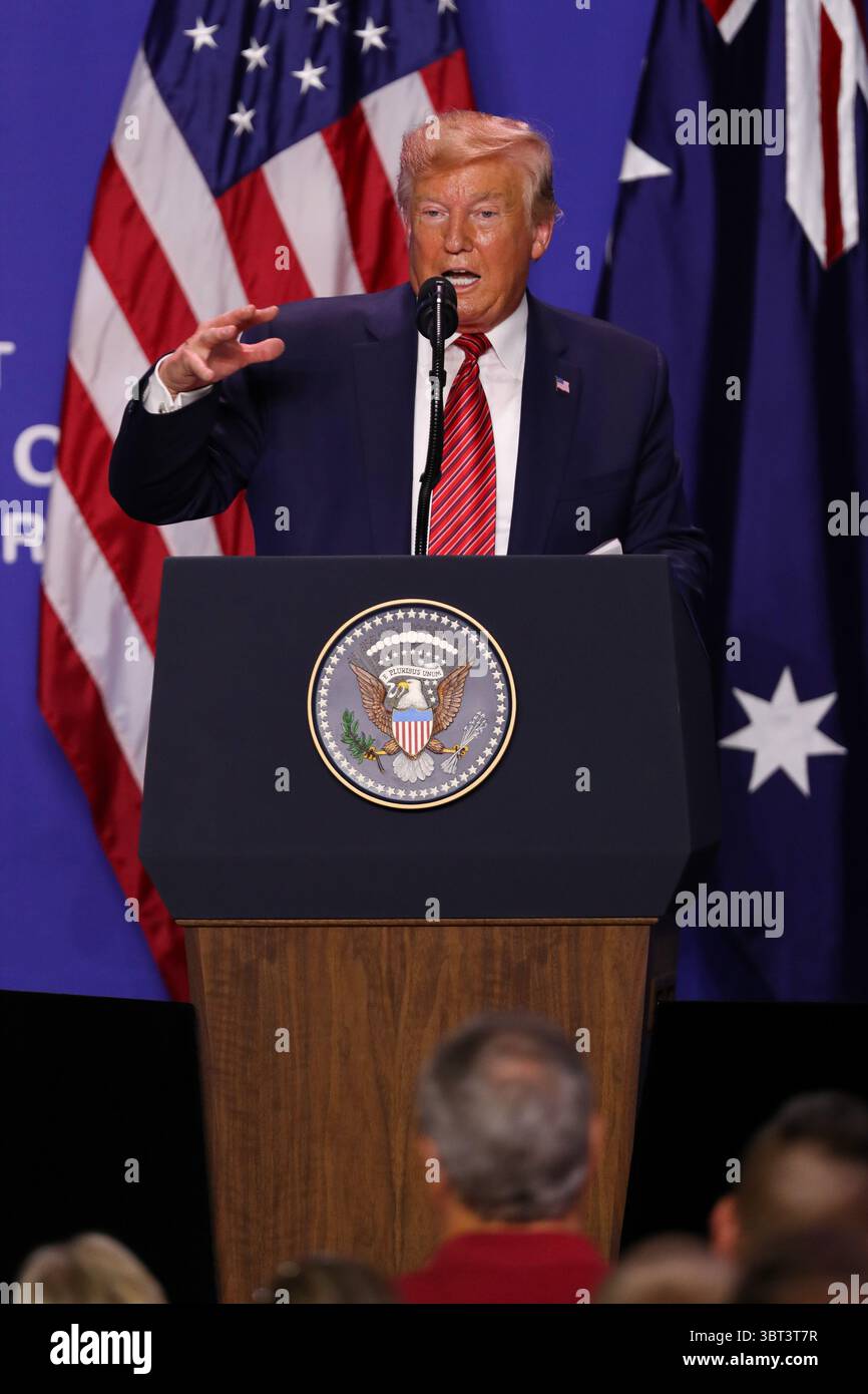 September 2019, Wapakoneta, Ohio, USA: 22. September 2019: Präsident Donald J. Trump spricht bei einem gemeinsamen Besuch bei Pratt Industries am 22. September 2019. (Bild: © Adam Lacy/ZUMA Wire) Stockfoto
