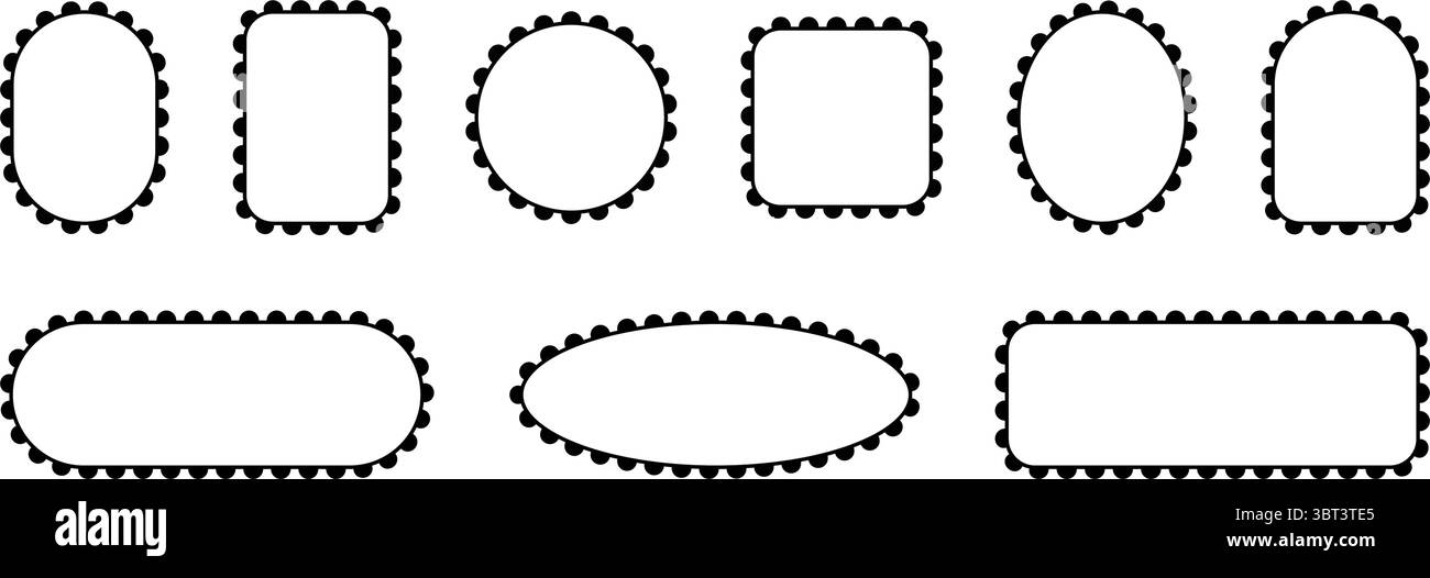 Rahmen mit Raupenrand. Schnürmuster Kanten auf verschiedenen geometrischen Formen Kreis, Rechteck und Quadrat. Gruppe schwarzer Vektorelemente, die auf weißem Hintergrund isoliert sind. Stock Vektor