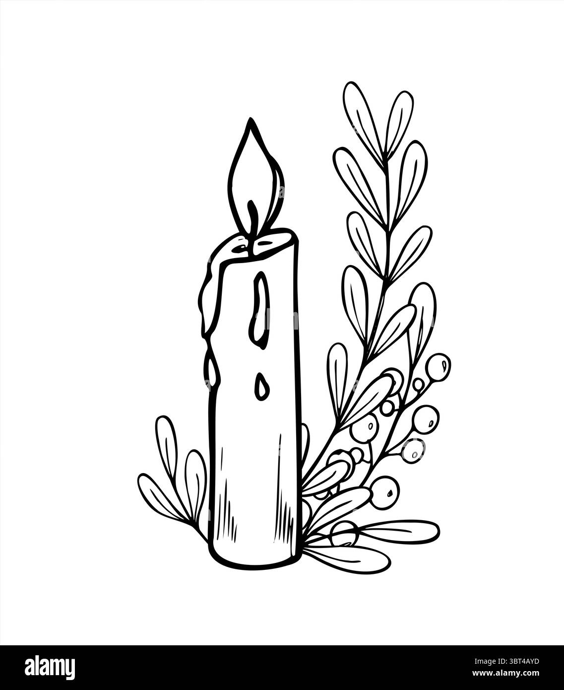 Brennende Kerze mit tropfendem Wachs und Zweigen monochrome Vektorillustration gemalt von schwarzen Tinten. Symbolische Komposition Ätzzeichnung Stock Vektor
