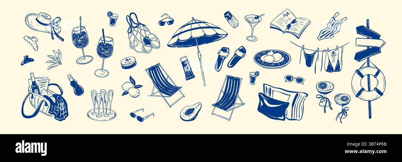 Set mit handgezeichneten Doodle-Design-Elementen für den Sommer-Strand. Italienisch, Griechisch, Spanisch, Positano, Amalfy, Capri, mittelmeerurlaub und Urlaub. Küste wh Stock Vektor