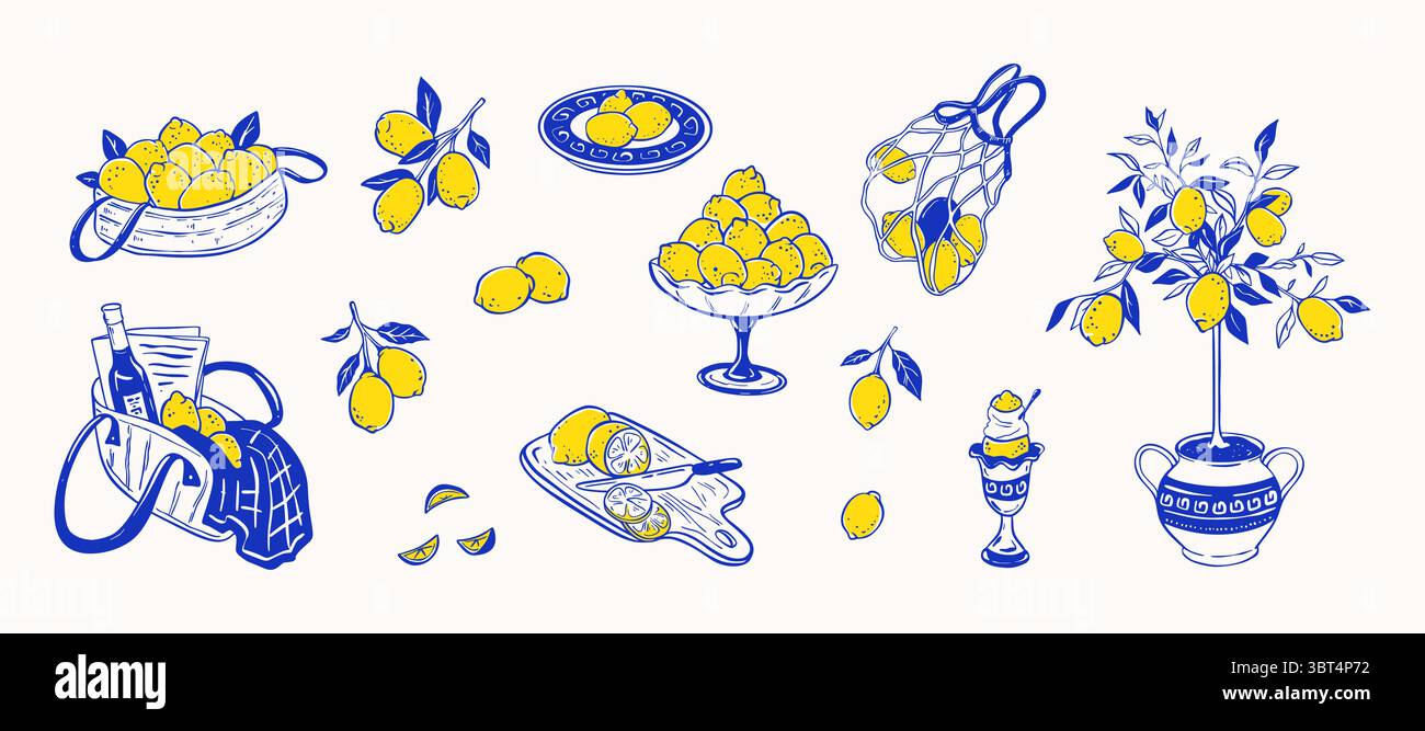 Set mit blauen und gelben Zitronen-Designelementen. Skurrile Doodle-Zeichnung. La Dolce vita im italienischen Stil. Zitrusbaum, Vase, Korb, Teller, Brett. Limettenkleie Stock Vektor