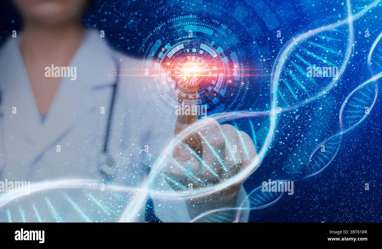 Genetik Wissenschaft und Medizin. Ärztin Hand berühren virtuellen Bildschirm mit DNA-Moleküle, Collage Stockfoto