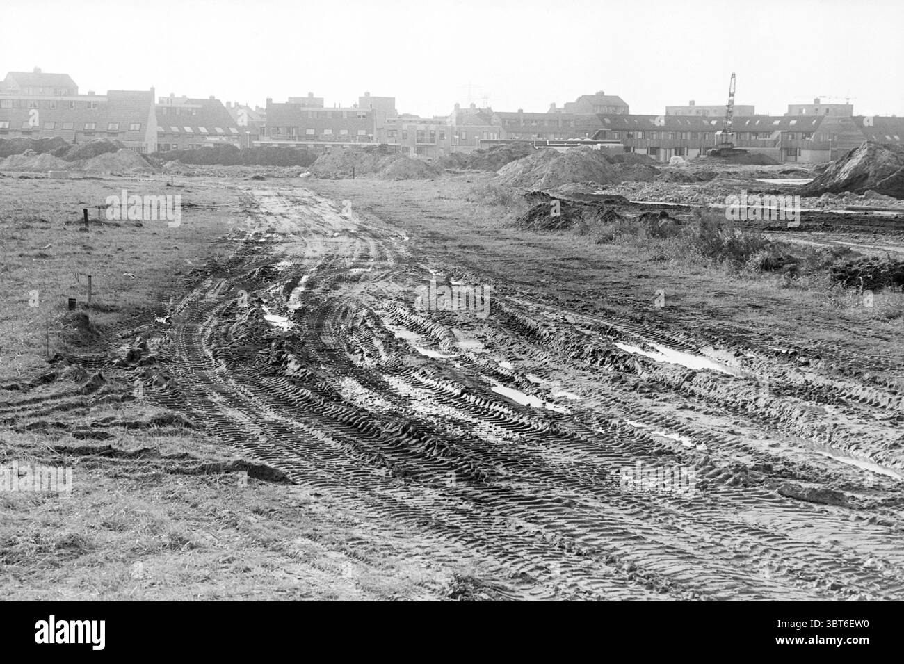 De Rooy Construction: Vorbereitung des U-Bahn-Viadukts Spijkenisse de Rooy Spijkenisse, Whizgle News, Dutch Desk, Niederlande, 1950 - 2000 am 24-11-1981. Dies sind die Themen im Bild. Die Szene zeigt eine weitläufige Landschaft, die von schlammigen Böden und Reifenspuren geprägt ist, was auf kürzliche Bau- oder Ausgrabungsarbeiten hindeutet. Der Vordergrund weist einen breiten, unebenen Pfad mit tiefen Rillen auf, die auf schwere Maschinen hinweisen, die den Boden gestört haben. Wasserpfützen vermischen sich mit dem Dreck und spiegeln den trüben, bewölkten Himmel darüber wider. Während der Blick in den Hintergrund reicht, entstehen halbgebaute Gebäude Stockfoto