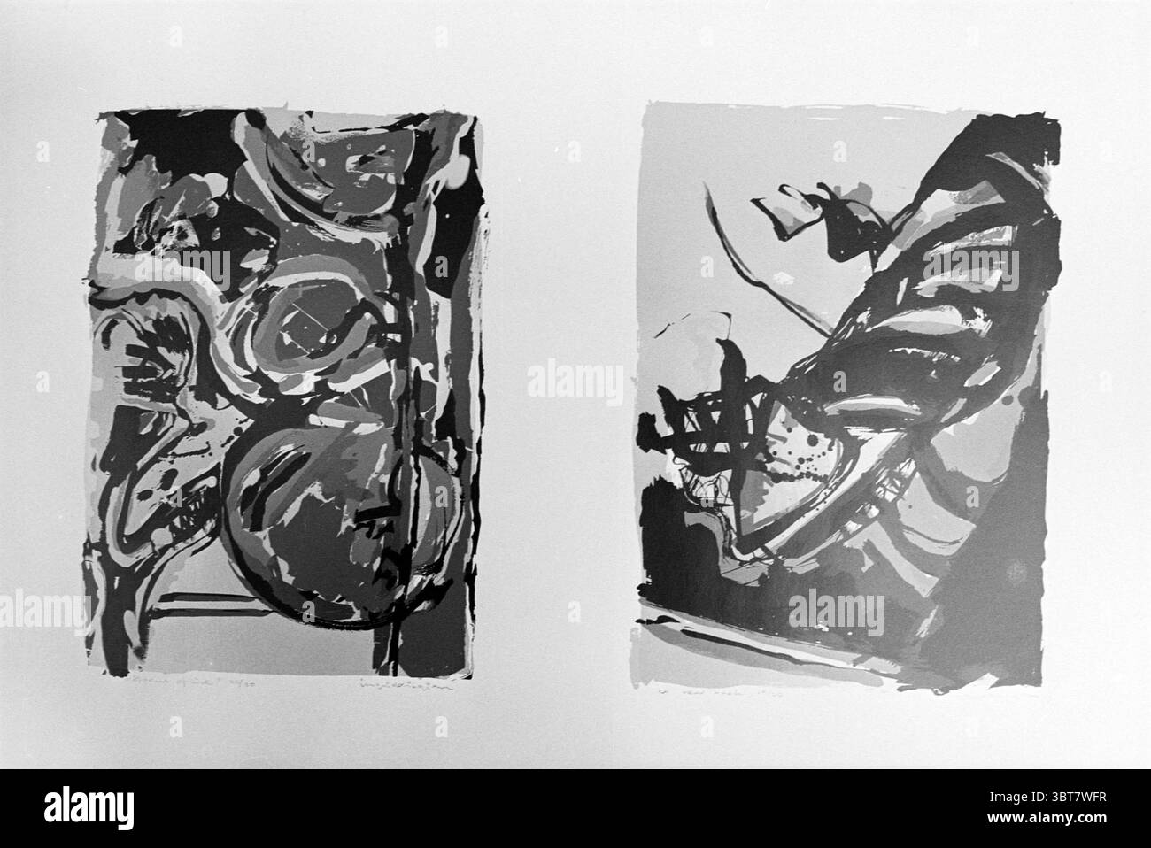 Zwei Siebdrucke Grafiker Gallery, Whizgle News, Dutch Desk, Niederlande, 1950 - 2000 am 26-07-1993. Diese Themen werden in der Abbildung angezeigt. Die Szene zeigt zwei abstrakte Kompositionen nebeneinander, jede gefüllt mit fließenden Linien und dynamischen Formen. Die linke Komposition zeigt ein chaotisches Zusammenspiel von Formen, die organische Formen annehmen, die möglicherweise Früchten oder anderen natürlichen Elementen ähneln. Es verwendet eine Mischung aus satten Schwarztönen und weicheren Grautönen, wodurch Tiefe und Bewegungssinn erzeugt werden. Die zentralen Formen sind fett und mit helleren Schattierungen versehen, die Kurven und Konturen hervorheben und das Auge des Betrachters einladen Stockfoto