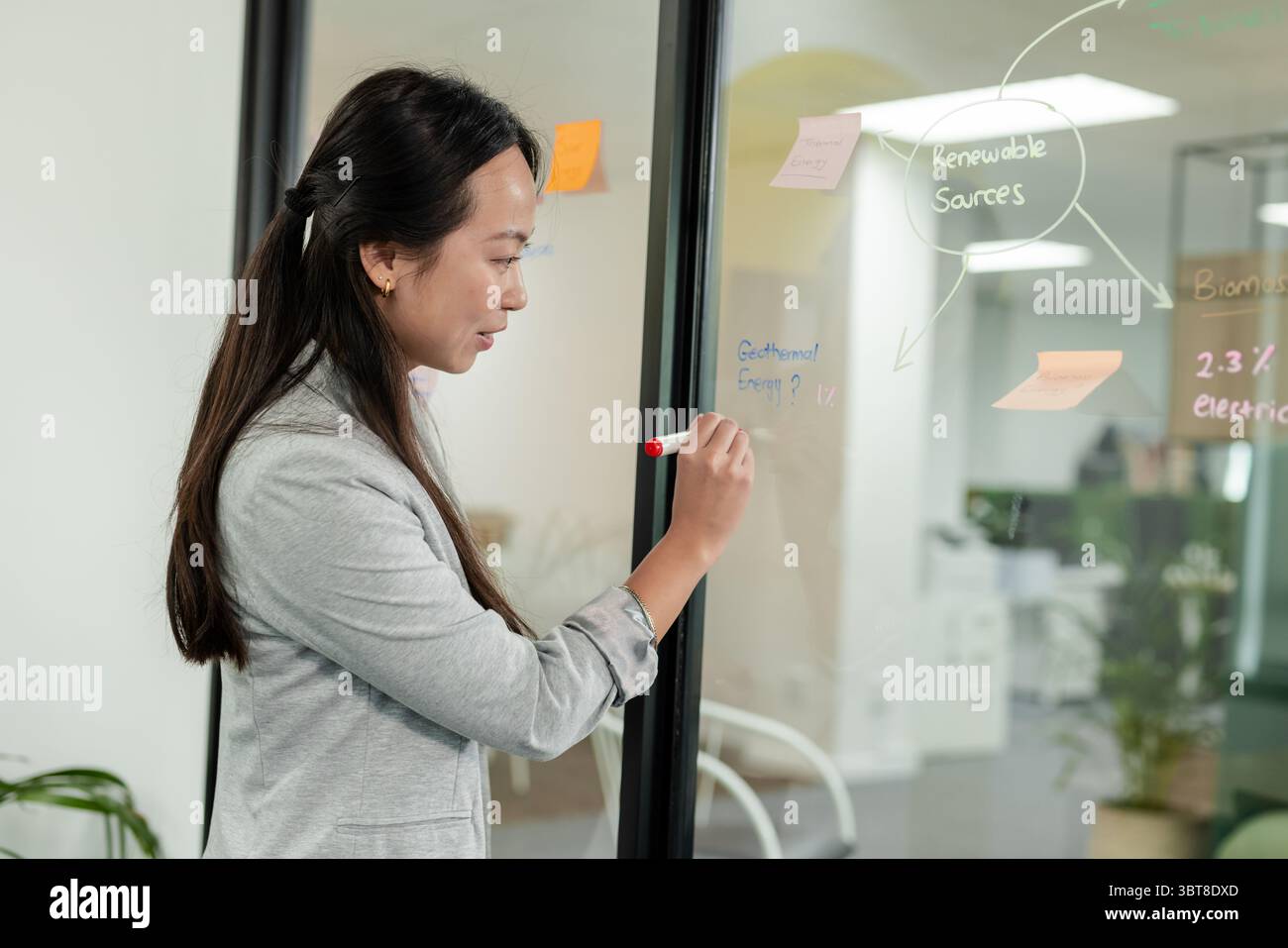 Professionelles Schreiben asiatischer Frauen auf Glaswand im Besprechungsraum mit rotem Marker, Kopierraum Stockfoto
