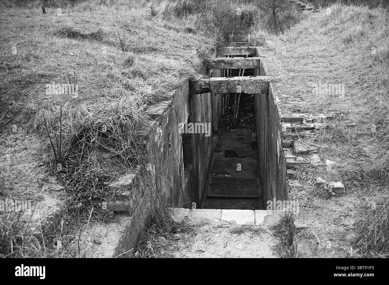 Eingangsbunker in Dünen, Whizgle News, Dutch Desk, Niederlande, 1950 - 2000 im Jahr 1974. Das Bild enthält diese Themen. Die Szene zeigt einen schroffen und eindringlichen Blick auf einen Eingang zu einem unterirdischen Gebäude, wahrscheinlich einem Bunker oder Keller, der sich in einer zerklüfteten Landschaft befindet. Der Boden rund um den Eingang ist mit trockenen Gräsern und karger Vegetation bewachsen, was auf Vernachlässigung und Vernachlässigung hindeutet. Die gedämpften Töne des Grases stehen in starkem Kontrast zum dunkleren, feuchten Beton des Eingangs. Die Struktur selbst scheint verwittert, mit Rissen, die durch die Oberfläche laufen und Moosflecken Stockfoto
