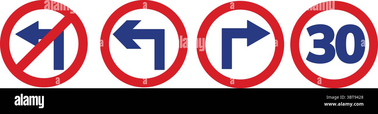 Verkehrszeichen Pfeil Richtungsvektorsatz – links abbiegen Geschwindigkeitsbegrenzungssymbole für Straßen- und Straßenverkehrssicherheit Stock Vektor
