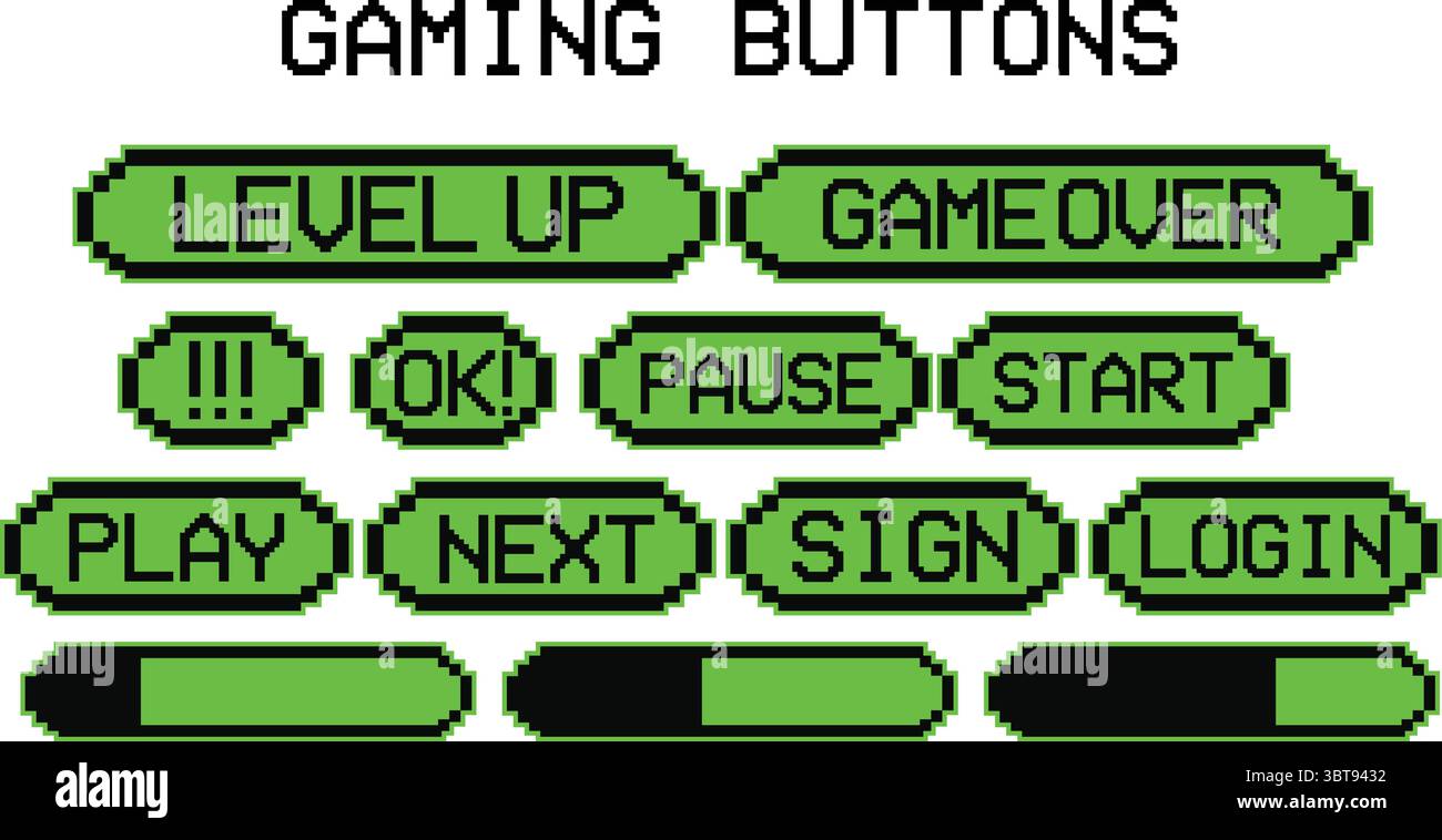 Gaming-Tasten UI Vector Pack – Pixel Level Up Play Start Anmelden anhalten Symbole für Retro Games Stock Vektor