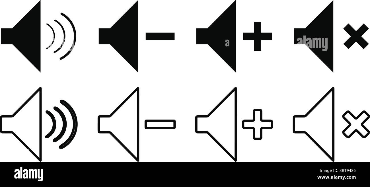 Vektorsatz für Lautstärke- und Tonsteuerungssymbole – Stummschaltung des Lautsprechers erhöhen die Lautstärke verringern die Audiosymbole für Benutzeroberfläche und Multimedia-Design Stock Vektor