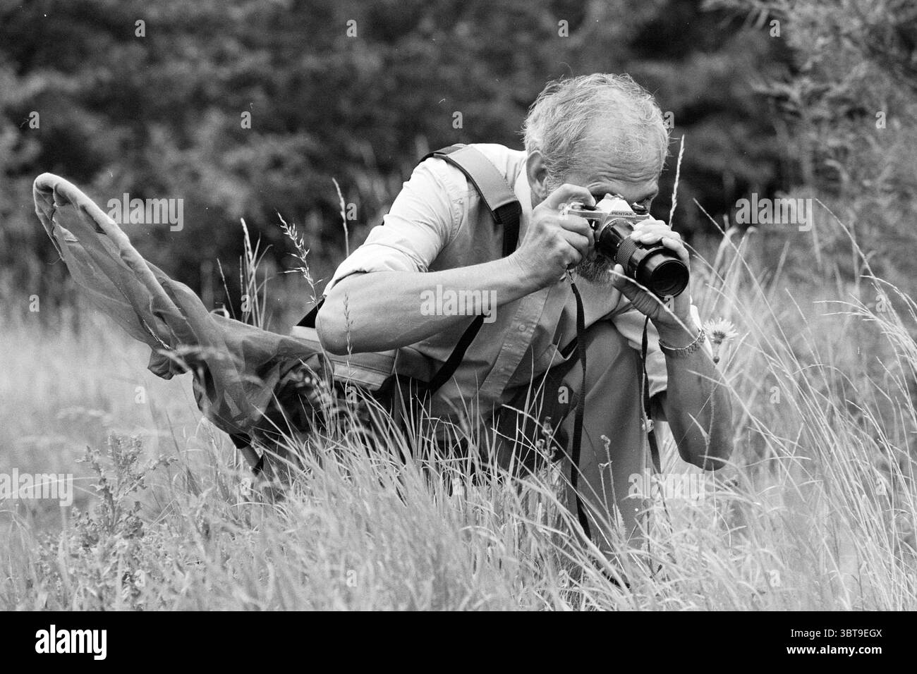 Biologe F.A. Bink Autor des schmetterlingsatlas 'ökologischer Atlas der Schmetterlinge von Nordwesteuropa'., Whizgle News, Dutch Desk, Niederlande, 1950 - 2000 am 24-08-1992. Dies sind die Elemente im Bild. In einer üppigen, grünen Umgebung hockt sich ein Mann mittleren Alters tief unter hohem Gras und konzentriert sich darauf, einen Moment festzuhalten. Er trägt ein leichtes Hemd und sein Gesicht ist verwittert, was ein Leben im Freien widerspiegelt. Seine Hände manövrieren eine Kamera geschickt und bringen sie zum Auge, während er den Winkel für die perfekte Aufnahme einstellt. Die Gräser schweben sanft im Wind, ihre verschiedenen Grün- und Hi-Töne Stockfoto