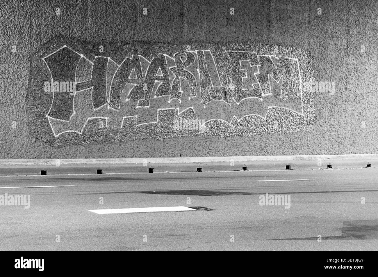 Wandbild Haarlem Ged. Oostersingelgracht Walls Haarlem Gedempte Oostersingelgracht the Netherlands, Whizgle News, Dutch Desk, Niederlande, 1950 - 2000 am 16-09-1985. Das Bild enthält diese Themen. Die Szene zeigt eine karge urbane Landschaft, die von einer Betonmauer geprägt ist, die als Leinwand für Graffiti-Kunst dient. Das Graffiti zeigt kräftige Buchstaben in einer dynamischen, stilisierten Schriftart, die ein Gefühl von Energie und Rebellion vermittelt. Die Farben sind überwiegend schwarz-weiß, was eine monochrome Ästhetik verleiht, die die raue Umgebung verstärkt. Im Vordergrund ist der Boden aus Asphalt mit schwachem Untergrund Stockfoto