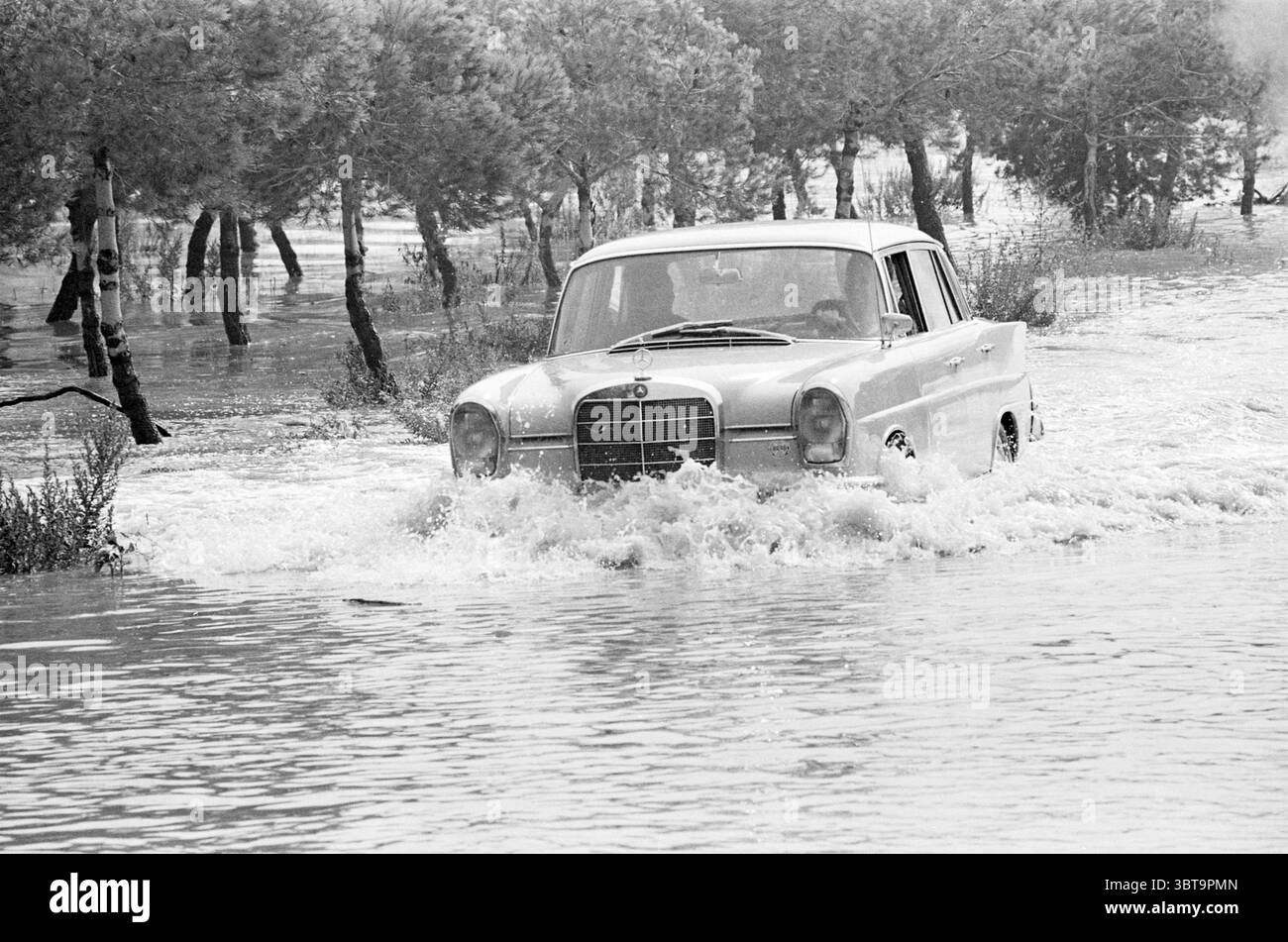Flood., Whizgle News, Dutch Desk, Niederlande, 1950 - 2000. Diese Themen werden in der Abbildung angezeigt. In der Szene navigiert ein klassischer silberner Wagen, wahrscheinlich ein Oldtimer aus der Mitte des 20. Jahrhunderts, durch tiefes Hochwasser. Die Scheinwerfer des Fahrzeugs sind leicht beleuchtet, was die Herausforderung der überfluteten Umgebung widerspiegelt. Wasser spritzt energetisch um das Fahrzeug und erzeugt einen dynamischen Effekt, wenn es durch die Oberfläche schneidet. Um das überflutete Gebiet herum gibt es verstreute Grünflächen, die wahrscheinlich auf das Vorhandensein von tief liegenden Bäumen oder teilweise in Th getauchtem Laub hinweisen Stockfoto