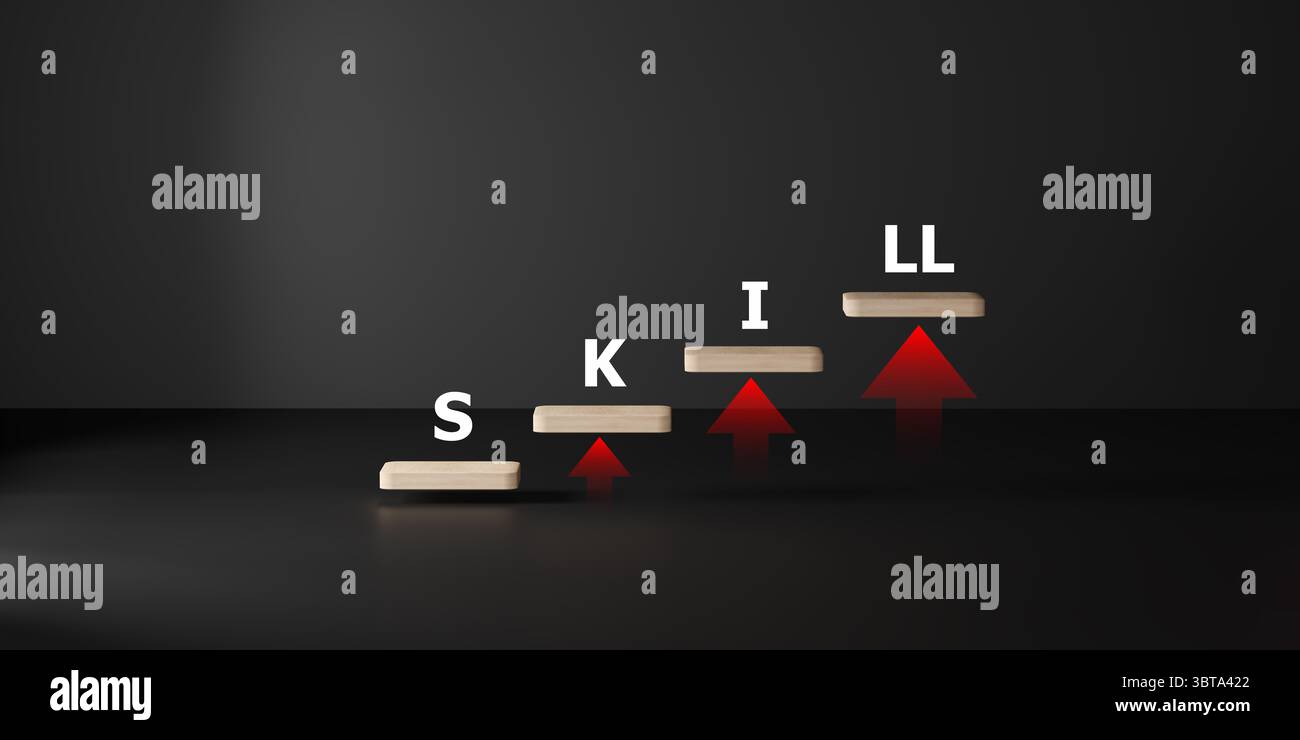 3D-Rendering von vier Holzschritten mit den Buchstaben „SKILL“ und roten Pfeilen nach oben darunter, die die Entwicklung von Fertigkeiten, das kontinuierliche Lernen und den karrierefortschritt symbolisieren Stockfoto
