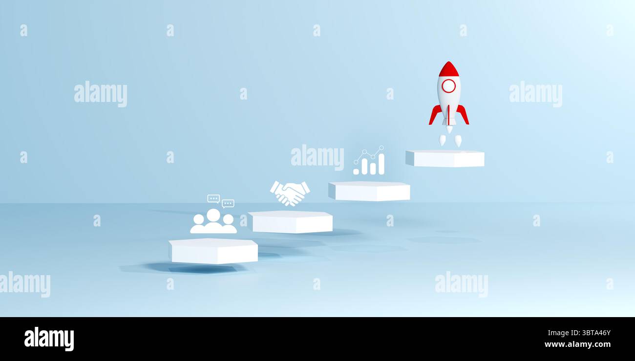 Weiße Schritte mit Teamkommunikation, Handshake, Analysen und Raketenstartsymbol auf blauem Hintergrund, die das Wachstum des Startup-Unternehmens und die strategische Strategie darstellen Stockfoto