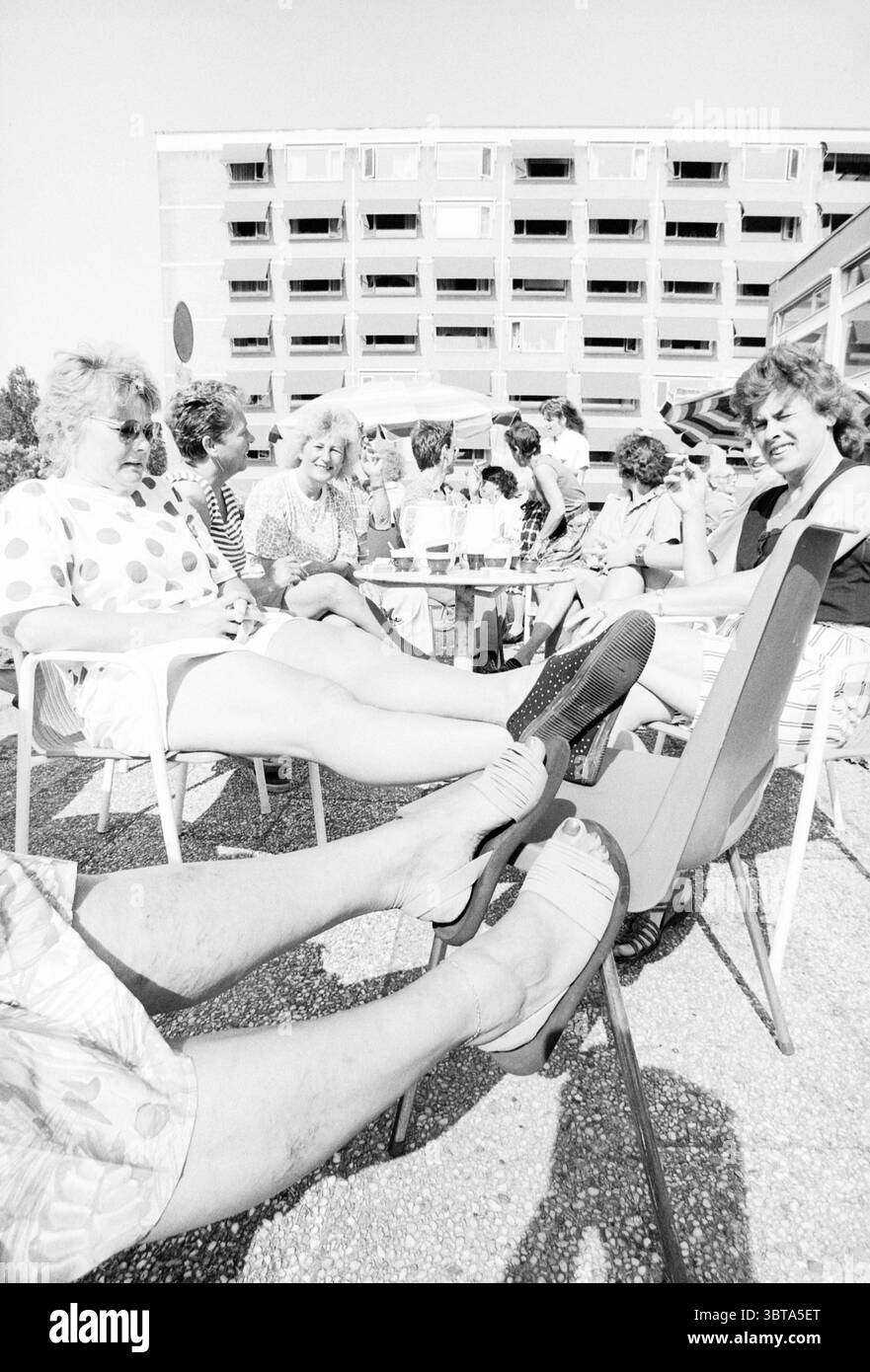 Einige Damen auf einer Terrasse. Whizgle News, Dutch Desk, Niederlande, 1950 - 2000. Dies sind die Themen im Bild. Die Szene fängt eine lebhafte Outdoor-Umgebung ein, gefüllt mit dem Wesen der Freizeit unter einer Gruppe von Frauen. Im Vordergrund ist ein Paar Beine sichtbar – ein Bein trägt einen gedämpften Schuh mit hohem Absatz, das andere in einer unverwechselbaren Sandale mit offener Spitze, was auf eine stilvolle und entspannte Atmosphäre hinweist. Um diese Beine herum versammeln sich die Frauen an kleinen runden Tischen, einige lehnen sich zurück und kreuzen ihre Beine lässig, was ein Gefühl von Komfort und Kameradschaft ausstrahlt. Sie sind in A gekleidet Stockfoto