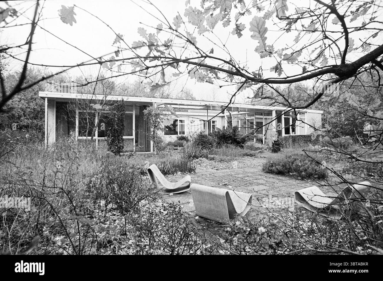 Vernachlässigter Garten des neu gebauten Bungalows, Whizgle News, Dutch Desk, Niederlande, 1950 - 2000 am 11-1971. Dies sind die Themen im Bild. Die Szene zeigt ein abgelegenes, verlassenes Gebäude inmitten von bewachsener Vegetation, das eine Gegenüberstellung von Natur und menschlicher Architektur darstellt. Das Gebäude zeichnet sich durch seine modernen Linien und großen Fenster aus und lässt einen einst lebhaften Raum entstehen, der inzwischen nicht mehr genutzt wurde. Das flache Dach und die offene Grundrisse weisen auf ein Design hin, das sich auf die Umgebung konzentriert, aber jetzt zeigt das Äußere Anzeichen von Vernachlässigung mit Anklängen von abblätternder Farbe Stockfoto