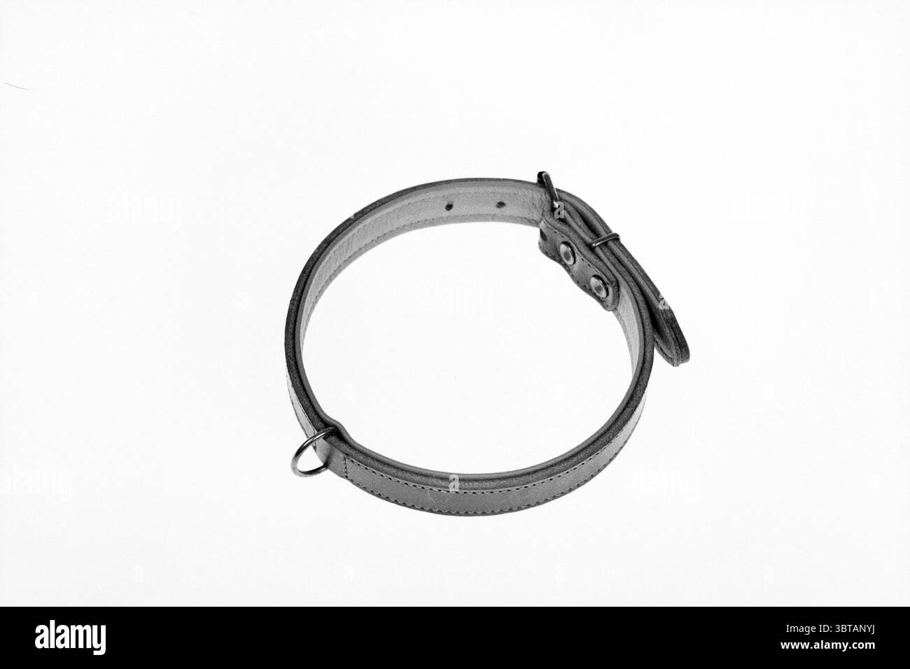 Hundehalsband, Whizgle News, Dutch Desk, Niederlande, 1950 - 2000 am 02-10-1994. Dies sind die Themen im Bild. Die Szene zeigt einen einfachen, aber auffälligen Lederkragen auf einer flachen, hellen Oberfläche. Der Kragen besteht aus einem glatten, leicht glänzenden Material mit einem dezenten Glanz, der das Licht einfängt. Die Farbe ist mittelbraun und zeigt einen satten, warmen Ton mit dunkleren Nähten an den Kanten, die das handgefertigte Aussehen verstärken. Der Kragen ist gewölbt und weist auf eine runde Form hin, und er ist teilweise geöffnet, sodass ein Blick auf seine Innenseite, die ebenfalls aus Leder besteht, möglich ist Stockfoto