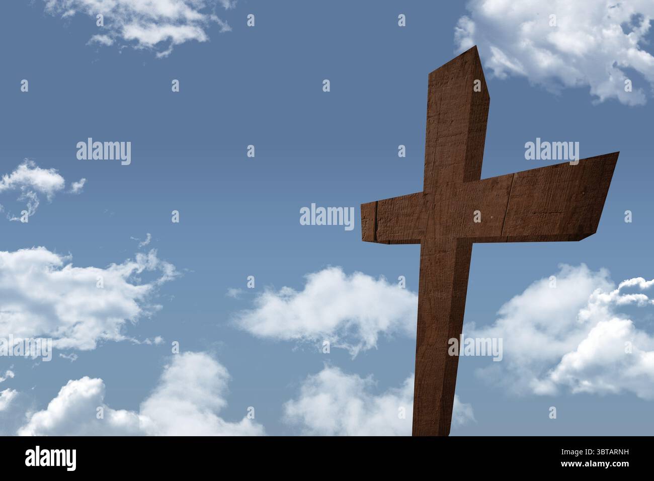Großes Holzkreuz steht vor hellblauem Himmel mit flauschigen weißen Wolken, flachem Design Stockfoto