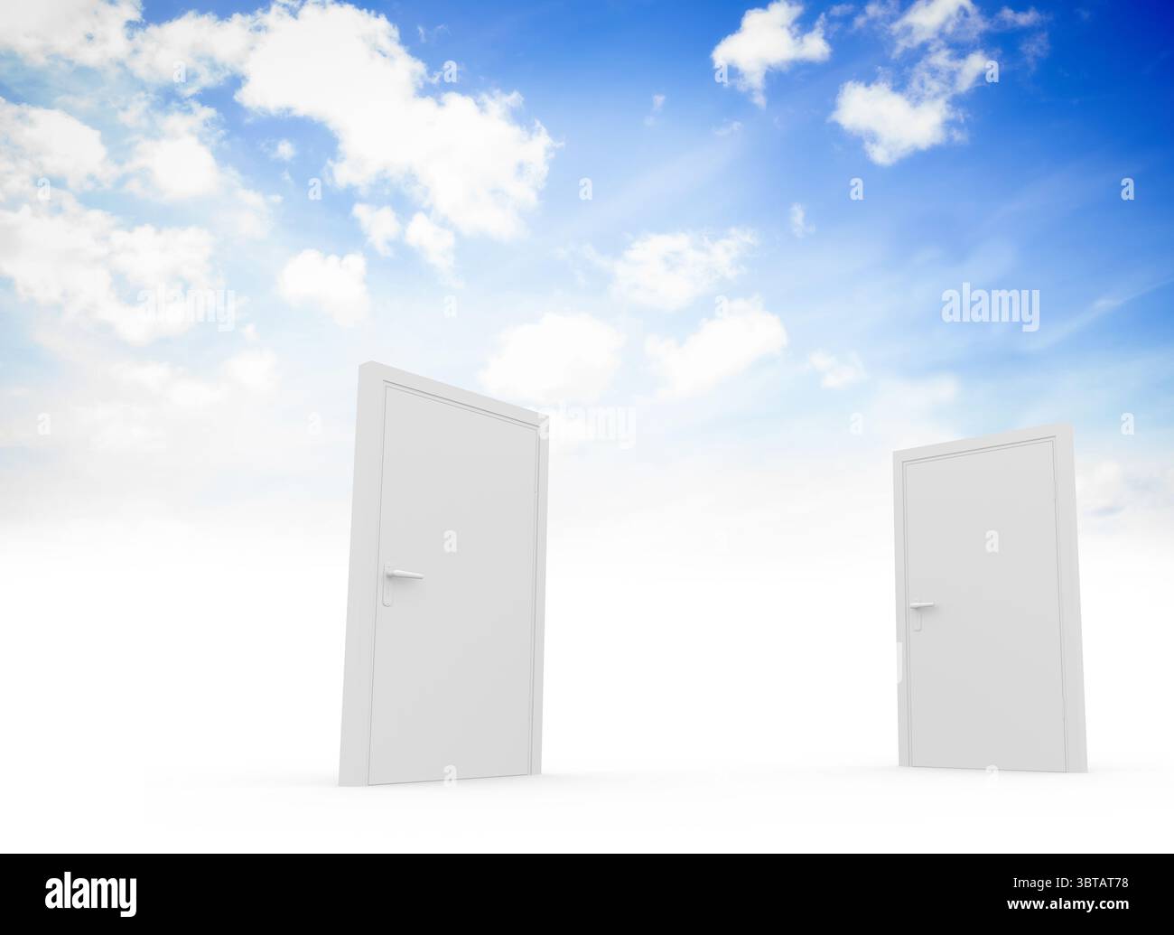 Zwei weiße Türen stehen auf weißem Grund unter blauem Himmel mit Wolken in flachem Design Stockfoto