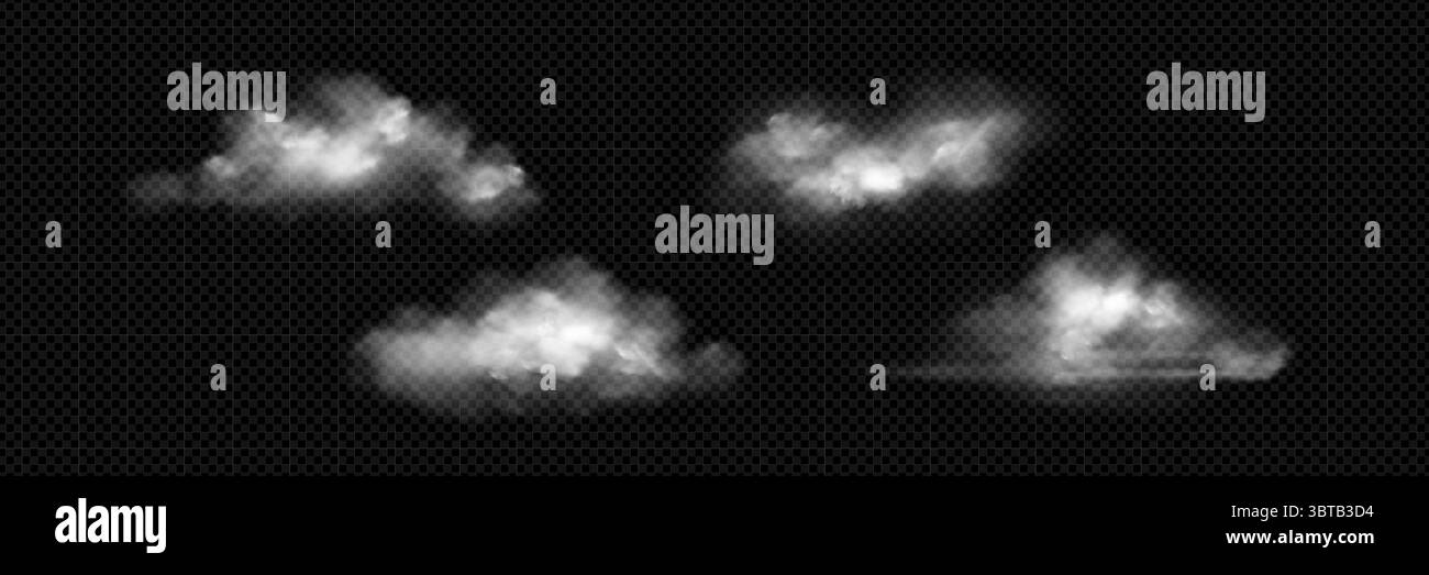Realistische Wolkenformationen auf transparentem Hintergrund - weiße flauschige Kumulusformen mit weichen Kanten. Natürliche Himmelselemente für Wettergrafiken, atmosphärische Überlagerungen oder meteorologische Illustrationen Stock Vektor