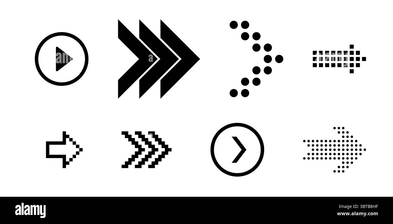 Pixel- und Linienpfeilsymbole für Vektor Wischen Sie nach links nach oben nach unten mit der nächsten Folie und den Navigationssymbolen für die Benutzeroberfläche und Stock Vektor