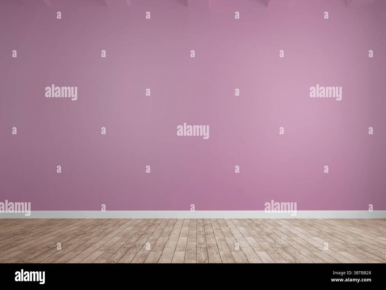 Die Innenausstattung des leeren Zimmers ist flach gestaltet und mit Holzboden, rosa Wänden und transparentem Hintergrund Stockfoto