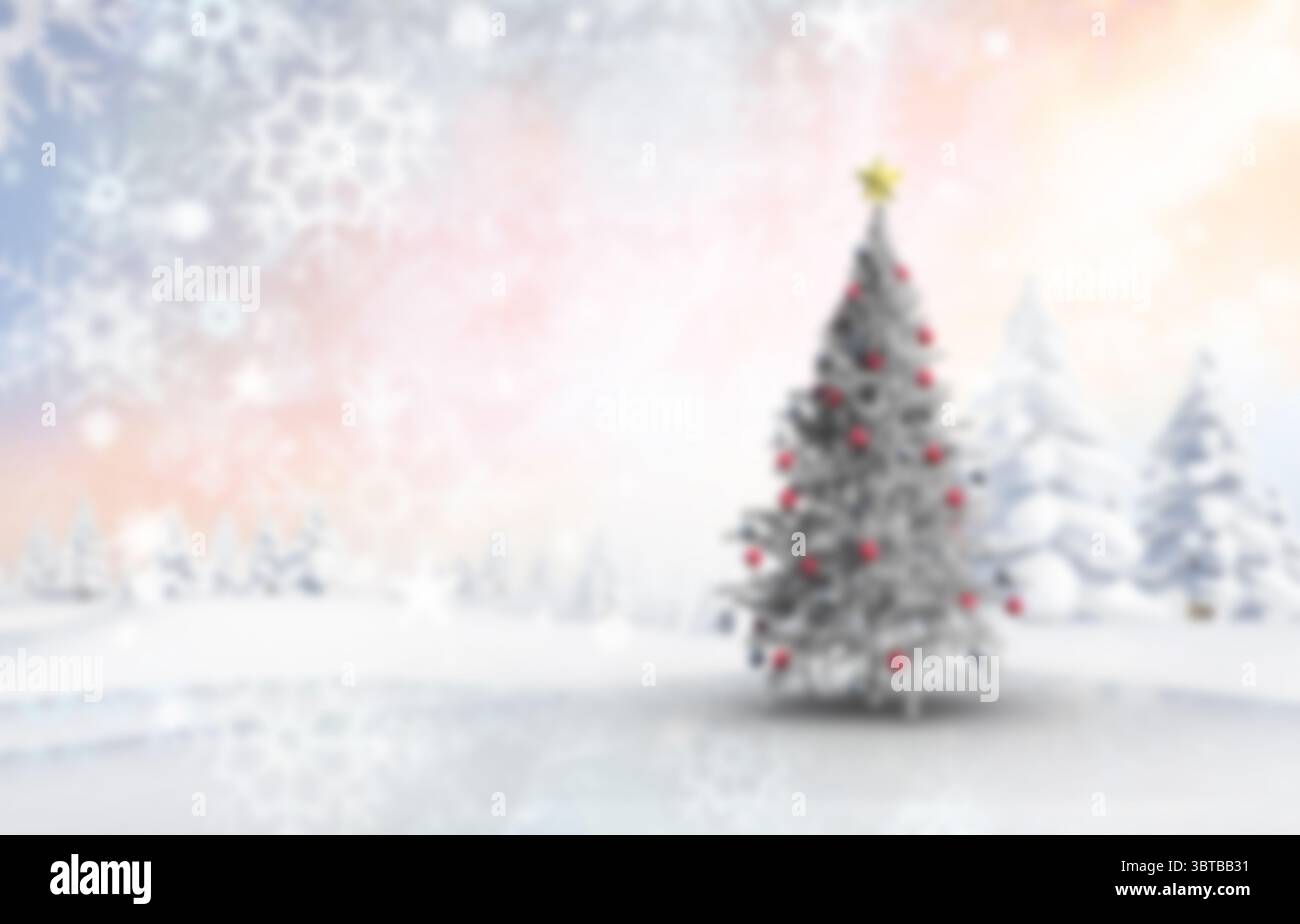 Immergrüner Baum mit flachem Design steht auf einem verschneiten Feld mit roten Kugeln, leuchtendem Stern und Schneeflocken Stockfoto Immergrüner Baum mit flachem Design steht auf einem verschneiten Feld mit roten Kugeln, leuchtendem Stern und Schneeflocken Stockfoto