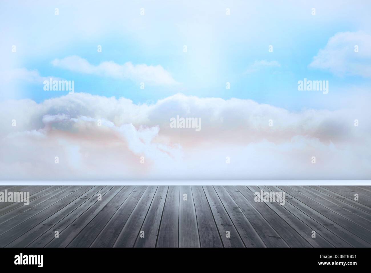 Holzdielen-Bodenplattform wird in flachem Design-Studio-Set mit Wolkenmuster-Hintergrund gezeigt Stockfoto