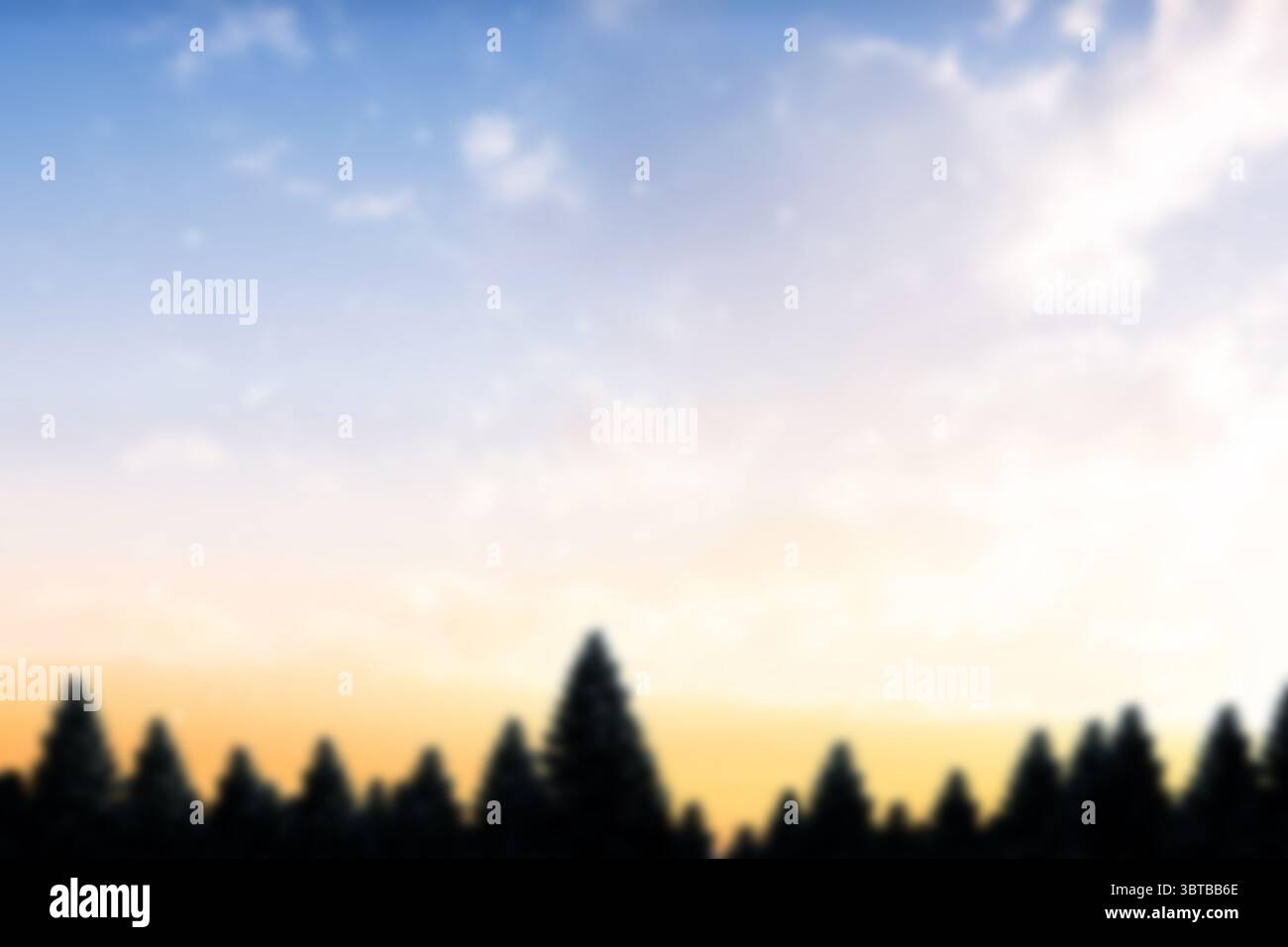 Die Silhouetten der Nadelbäume erstrecken sich über den Horizont in flachen Vektorgrafiken, dem Himmelsverlauf Stockfoto