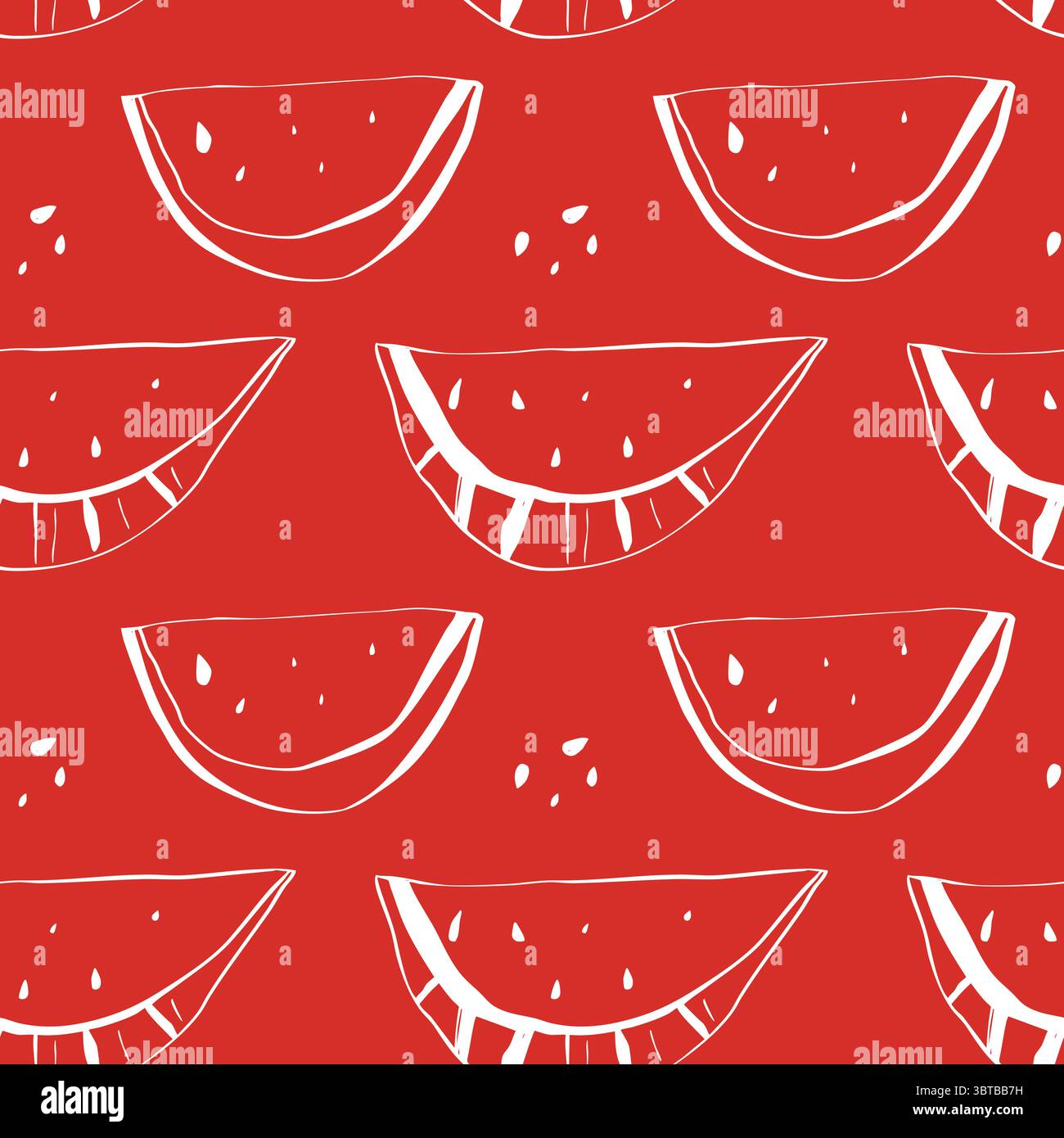Nahtloses Muster von weißen Wassermelonen-Kritzeleien, verstreut auf leuchtendem rotem Hintergrund Stock Vektor