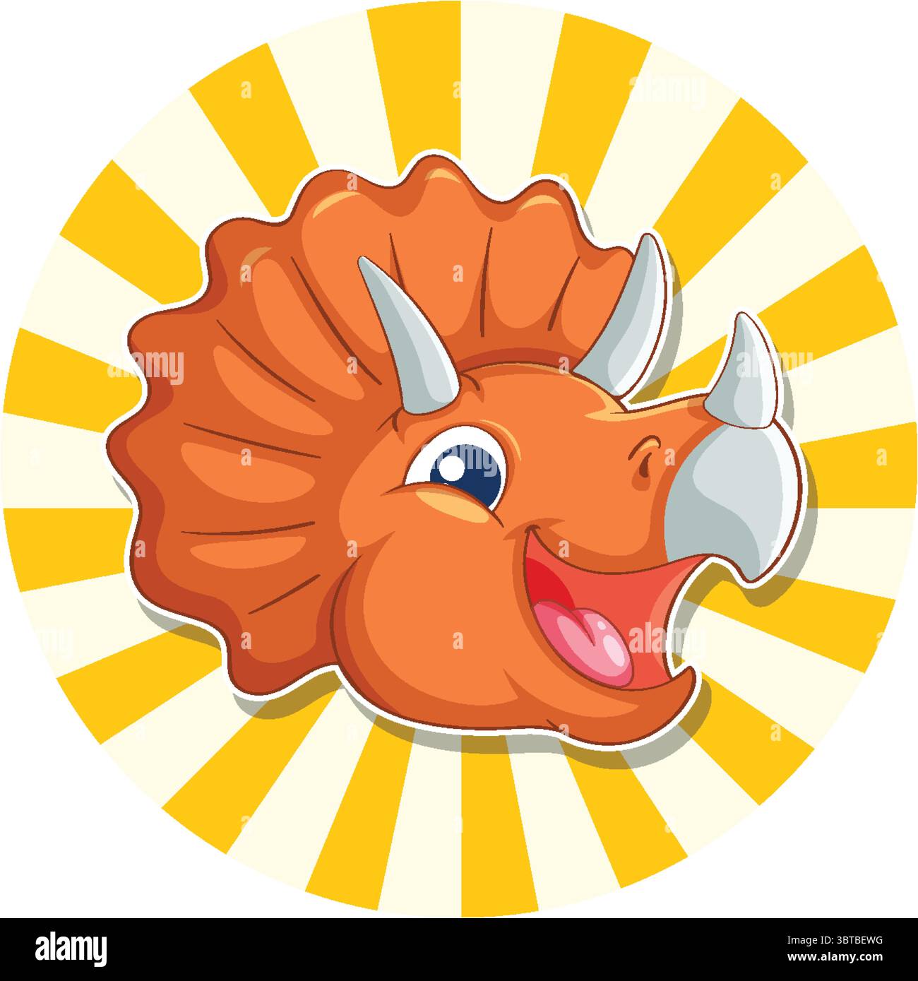 Helle Vektor-Illustration eines lächelnden triceratops Kopf mit lebhaften Farben und einem Sunburst Hintergrund Stock Vektor