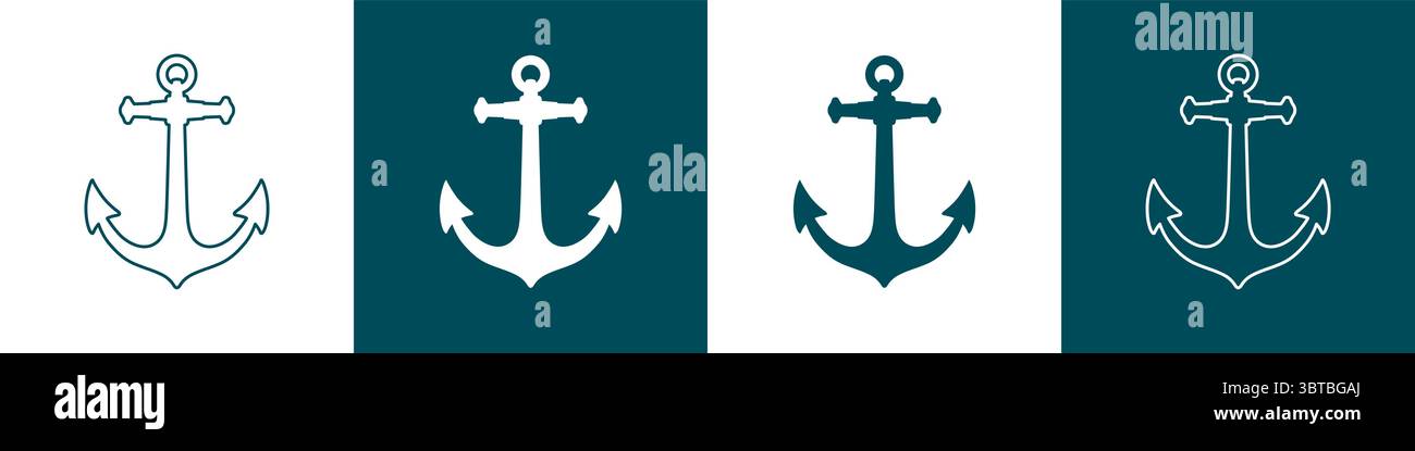 Satz nautischer Ankersymbole in flachen Stilen und Strichstilen. Meeresanker mit Umriss und Silhouette von Icon Design-Vorlagen. Vektorabbildung Stock Vektor