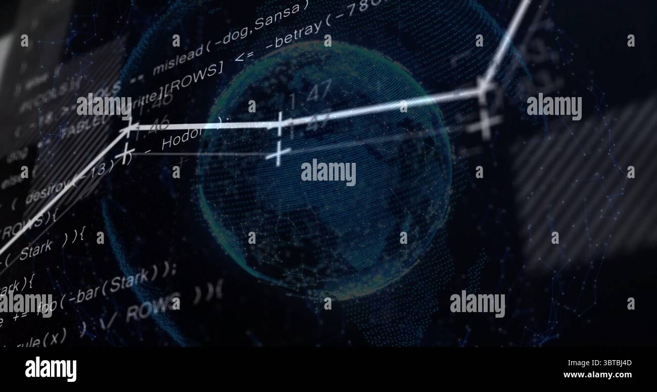 Anzeige holografischer Kugel, die sich in digitaler Schnittstelle dreht, mit Codeausschnitten und Vektorlinien Stockfoto