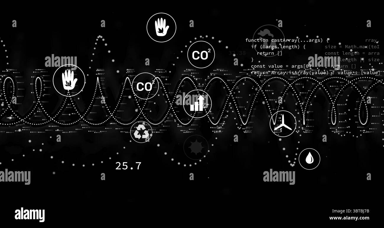 Gepunktete Wellengrafik, die im Armaturenbrett oszilliert, mit Umweltsymbolen, Snippet und 25 Stockfoto