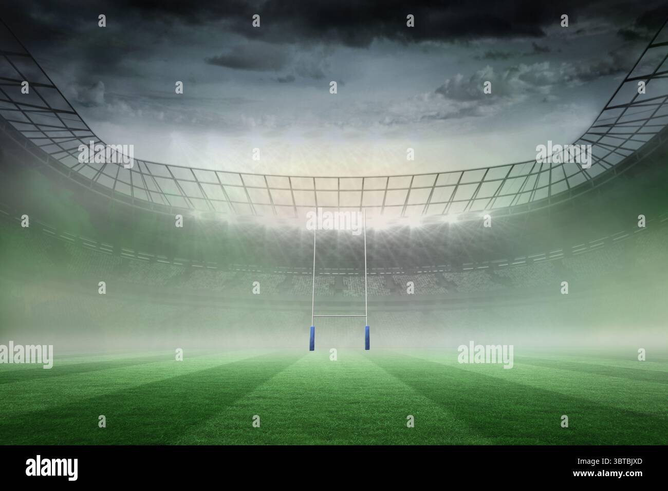 Rugby Torpfosten stehen auf nebeligem Rasenplatz in flachen Vektorstadien mit Flutlichtern Stockfoto Rugby Torpfosten stehen auf nebeligem Rasenplatz in flachen Vektorstadien mit Flutlichtern Stockfoto
