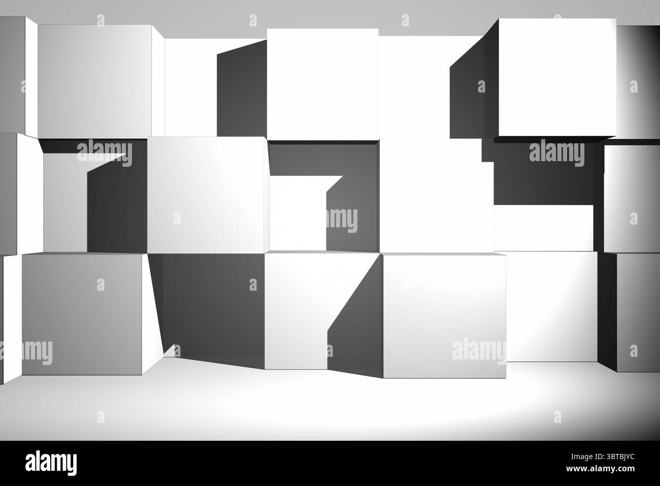 3D-Rendering zeigt weiße Würfel, die ein geometrisches Raster bilden, in minimalistischem Studio, das scharfe Schatten erzeugt Stockfoto