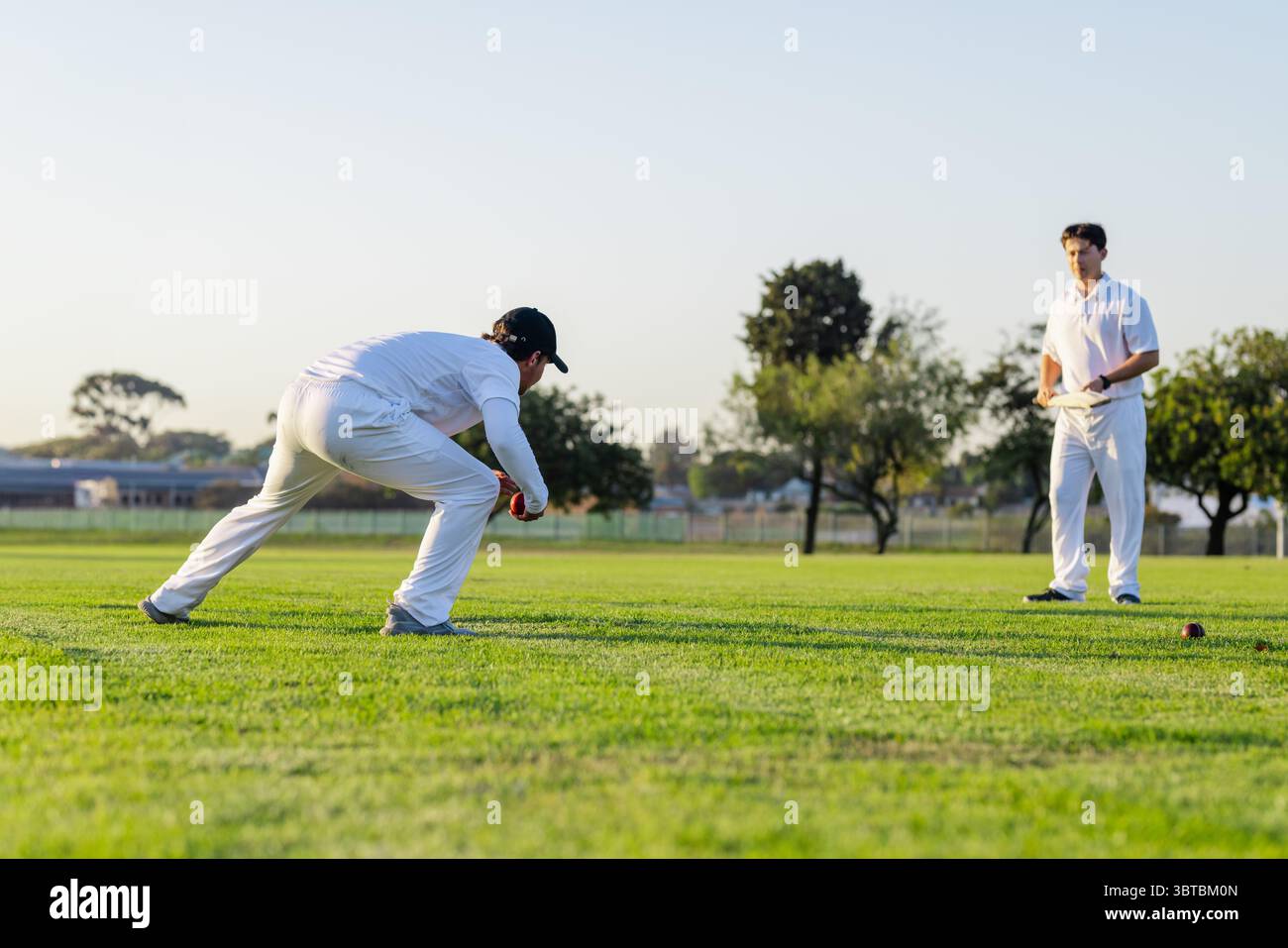 Männliche Spieler tauchen und Ball fangen, während Teamkollege Holzschläger auf dem Cricketfeld hält, Kopierraum Stockfoto