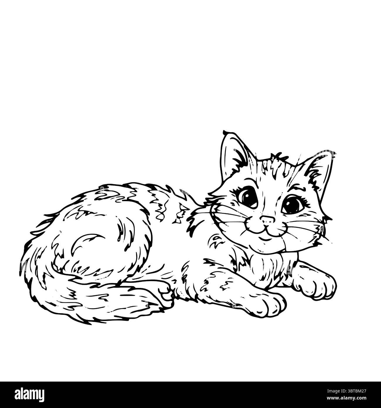 Eine Katze mit flauschigem Schwanz, eine Skizze in schwarz-weißer Tinte. Vektorabbildung. Lustiges Kätzchen, isoliert auf weißem Hintergrund. Einfache Stilzeichnung für Stock Vektor
