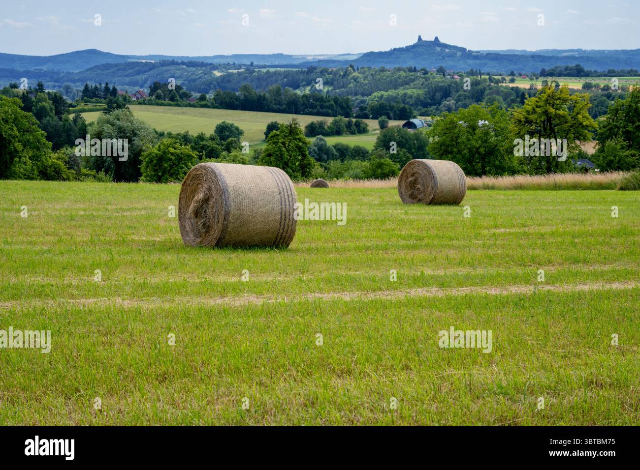 Strohballen auf Wiesen, Wäldern und Hügeln mit Ruinen der Burg Trosky. Panorama des tschechischen Paradieses, im Sommer. Tschechische republik. Stockfoto